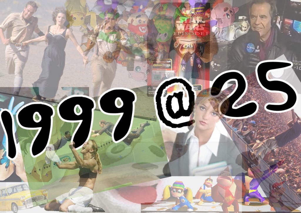 A large block logo reading "1999@25". Behind it is a collage of images, including Dick Clark, Britney Spears, the cast of The Mummy, and a checker cab.