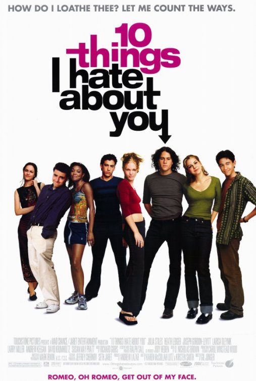 The poster for the 1999 comedy Ten Things I Hate About You. Members of the teenage cast pose in cool 90s ways against a white background.
