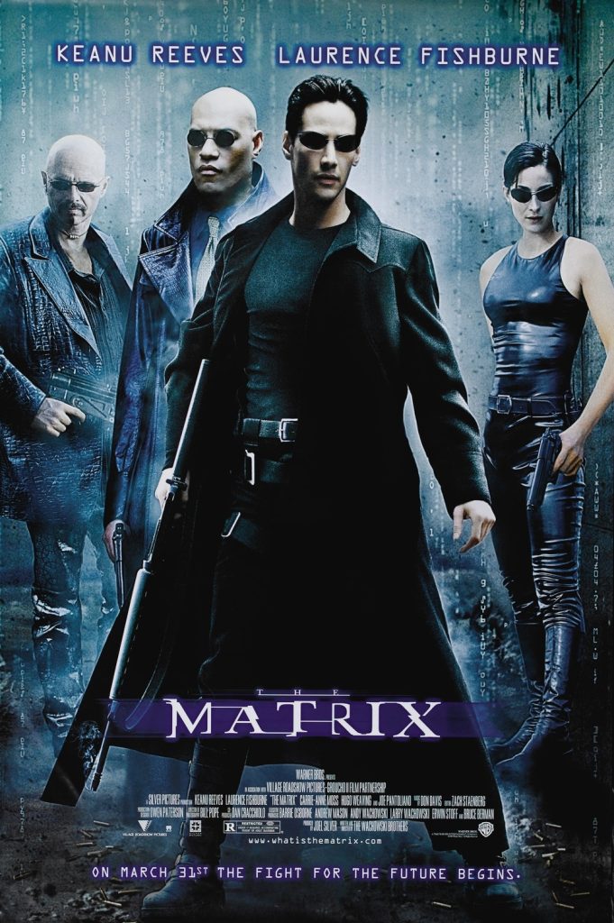 The original poster for The Matrix. Keanu Reeves stands front and center, wearing a trenchcoat and holding a long gun. On his right are Cypher and Morpheus, with Trinity on his left.