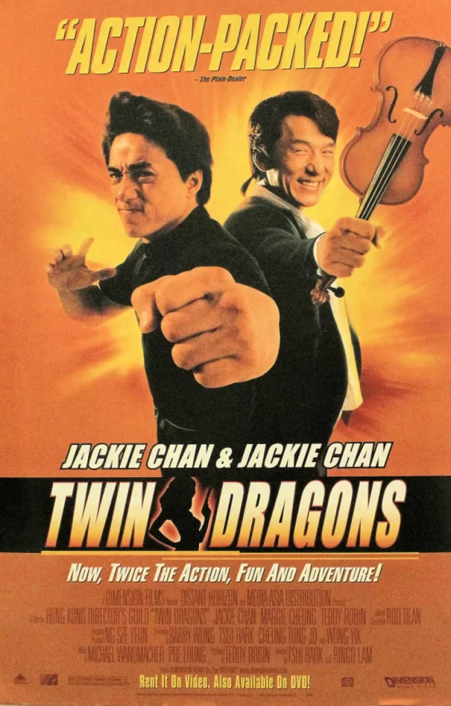 The poster for Jackie Chan's Twin Dragons. Two Jackies mug for the camera. One holds a violin incorrectly.