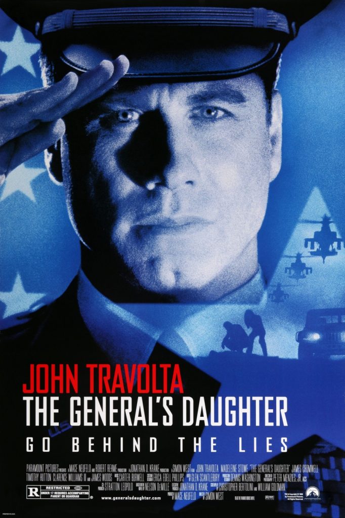 John Travolta in military garb saluting the camera. Underneath him are shadowy depictions of helicopters and a murder scene.