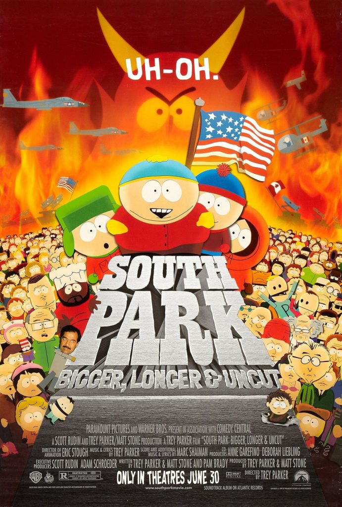 A group photo of dozens of characters from the animated television series South Park. Above them are planes and helicopters from the American and Canadian air forces.