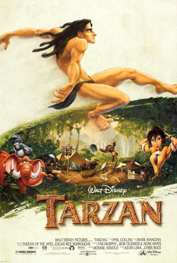 Tarzan of the Jungle leaps over a montage of characters from his story.