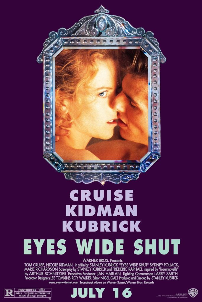 A couple about to kiss. The woman looks askance at us. They are framed in an ornate grey frame on a purple background.